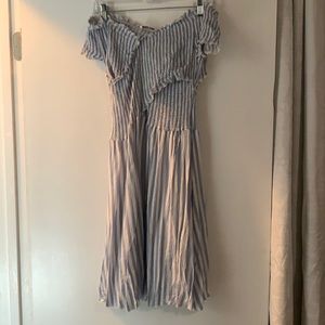 Blue and white striped off the shoulder dress
